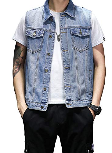 DAVID.ANN Mens Denim Vest Jacket Sleeveless Trucker Jean Jacket,Light Blue,Large