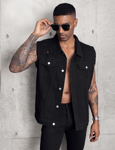 LONGBIDA Men's Denim Vest Sleeveless Ripped Slim fit Distressed Jean Jacket(Black0721,L)