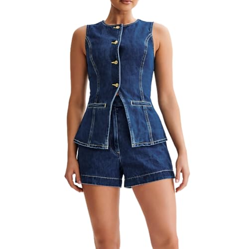 Womens Blazer Vest Denim 2 Piece Set Casual Round Neck Sleeveless Button Down Vest Tops High Waist Short Pants Suit Vest Sets