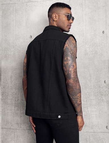 LONGBIDA Men's Denim Vest Sleeveless Ripped Slim fit Distressed Jean Jacket(Black0721,L)