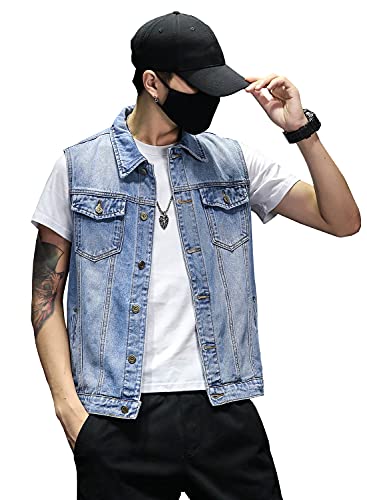 DAVID.ANN Mens Denim Vest Jacket Sleeveless Trucker Jean Jacket,Light Blue,Large
