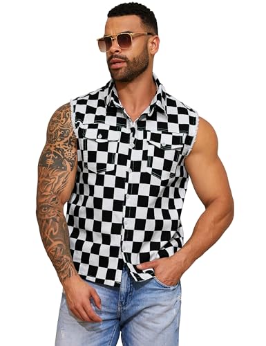 Yuanbang Mens Denim Vest Outerwear Black and White Checkered Sleeveless Jean Jacket Plaid Cowboy Shirts Coat(Black and White Checkered,XL)
