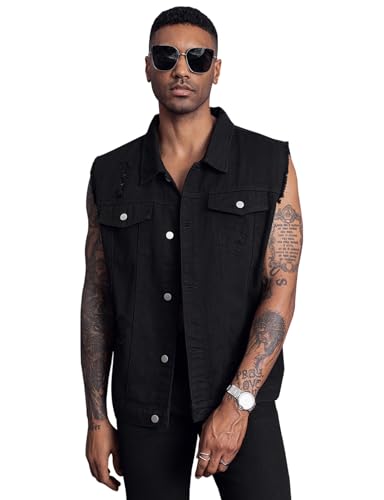 LONGBIDA Men's Denim Vest Sleeveless Ripped Slim fit Distressed Jean Jacket(Black0721,L)