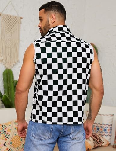 Yuanbang Mens Denim Vest Outerwear Black and White Checkered Sleeveless Jean Jacket Plaid Cowboy Shirts Coat(Black and White Checkered,XL)