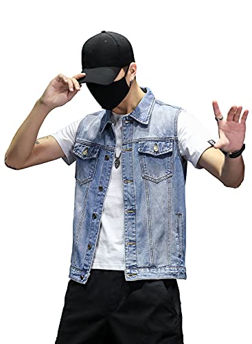 DAVID.ANN Mens Denim Vest Jacket Sleeveless Trucker Jean Jacket,Light Blue,Large