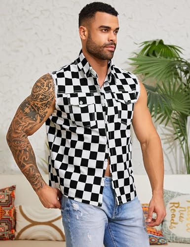 Yuanbang Mens Denim Vest Outerwear Black and White Checkered Sleeveless Jean Jacket Plaid Cowboy Shirts Coat(Black and White Checkered,XL)