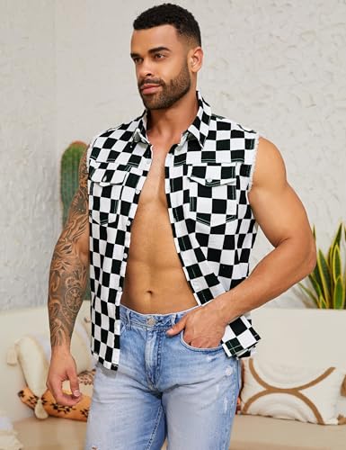 Yuanbang Mens Denim Vest Outerwear Black and White Checkered Sleeveless Jean Jacket Plaid Cowboy Shirts Coat(Black and White Checkered,XL)