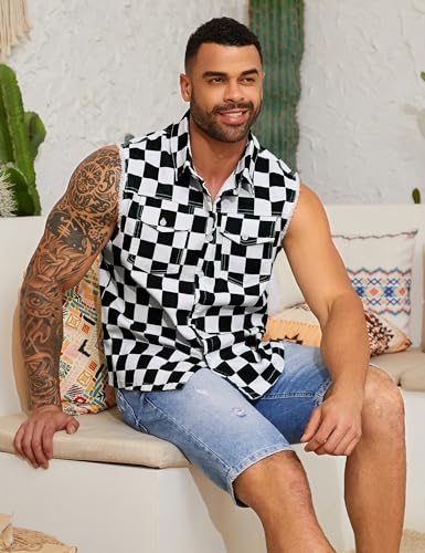 Yuanbang Mens Denim Vest Outerwear Black and White Checkered Sleeveless Jean Jacket Plaid Cowboy Shirts Coat(Black and White Checkered,XL)