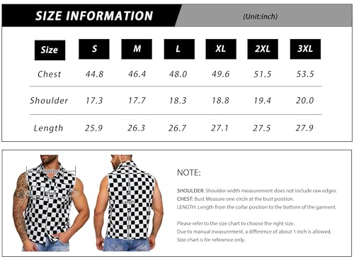 Yuanbang Mens Denim Vest Outerwear Black and White Checkered Sleeveless Jean Jacket Plaid Cowboy Shirts Coat(Black and White Checkered,XL)