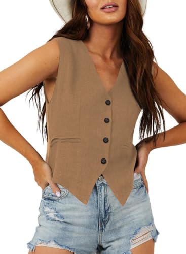 Dokotoo Womens Waitress Uniform Vest Waistcoat V-Neck Button-down Formal Business Suits Solid Color Versatile Tuxedo Suit Khaki Large