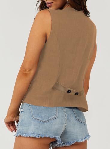 Dokotoo Womens Waitress Uniform Vest Waistcoat V-Neck Button-down Formal Business Suits Solid Color Versatile Tuxedo Suit Khaki Large