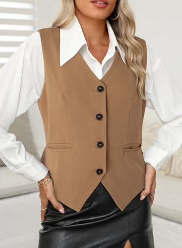 Dokotoo Womens Waitress Uniform Vest Waistcoat V-Neck Button-down Formal Business Suits Solid Color Versatile Tuxedo Suit Khaki Large
