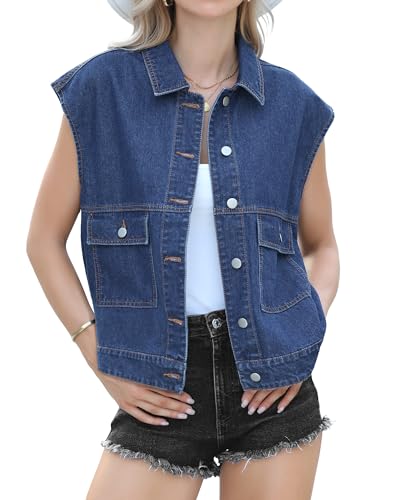 luvamia Sleeveless Vest for Women Vintage Vest Jacket for Women Denim Jackets for Women 2024 Womans Clothing Blue Outfits for Women Oversized Vest Classic Blue Large Fit Size 12 / Size 14