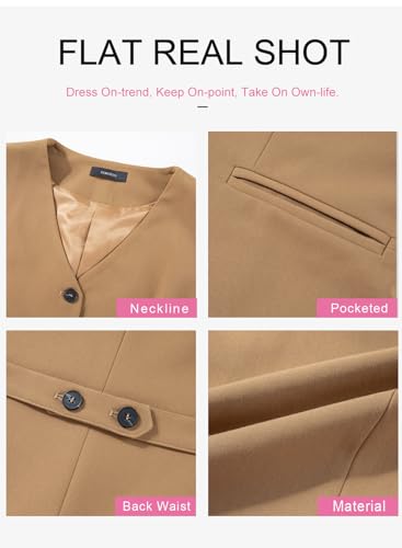 Dokotoo Womens Waitress Uniform Vest Waistcoat V-Neck Button-down Formal Business Suits Solid Color Versatile Tuxedo Suit Khaki Large