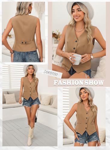 Dokotoo Womens Waitress Uniform Vest Waistcoat V-Neck Button-down Formal Business Suits Solid Color Versatile Tuxedo Suit Khaki Large