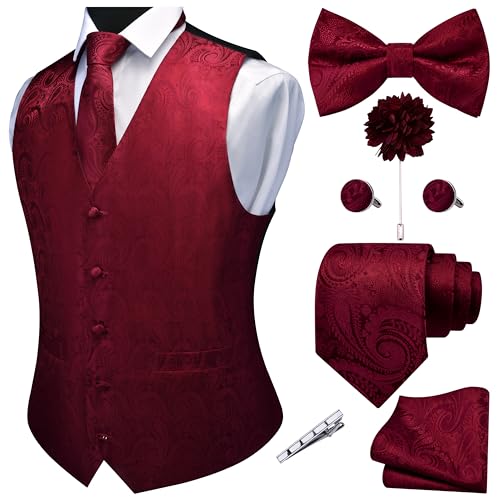 GUSLESON Burgundy Vest Paisley Suit Vest Tie and Bow Tie Set Silk Floral Waistcoat Necktie and Pocket Square Lapel Pin Set (0808-09-4XL)