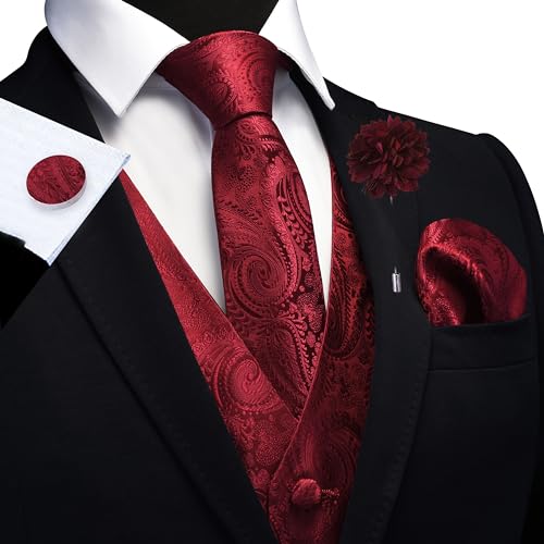 GUSLESON Burgundy Vest Paisley Suit Vest Tie and Bow Tie Set Silk Floral Waistcoat Necktie and Pocket Square Lapel Pin Set (0808-09-4XL)