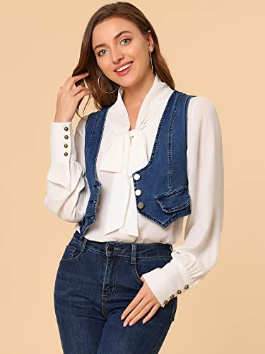 Allegra K Women's Denim Vest Vintage Button Up Sleeveless Crop Jean Vest Waistcoat X-Large Dark Blue