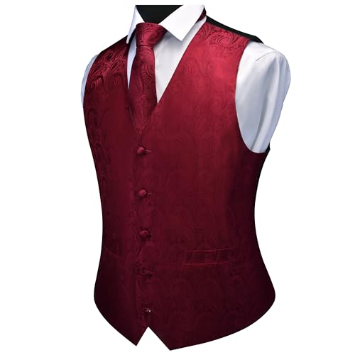 GUSLESON Burgundy Vest Paisley Suit Vest Tie and Bow Tie Set Silk Floral Waistcoat Necktie and Pocket Square Lapel Pin Set (0808-09-4XL)