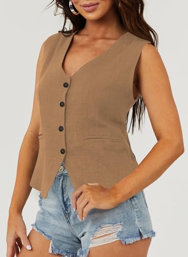 Dokotoo Womens Waitress Uniform Vest Waistcoat V-Neck Button-down Formal Business Suits Solid Color Versatile Tuxedo Suit Khaki Large