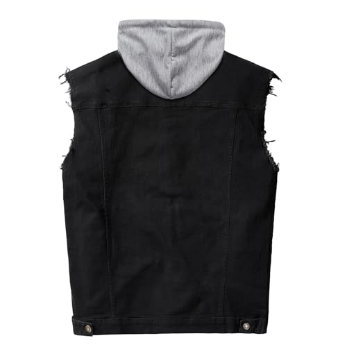 RongYue Men's Denim Vest Casual Button Stretchy Distressed Jean Sleeveless Jacket with Hood (Black,Large)