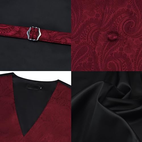 GUSLESON Burgundy Vest Paisley Suit Vest Tie and Bow Tie Set Silk Floral Waistcoat Necktie and Pocket Square Lapel Pin Set (0808-09-4XL)