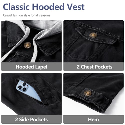 RongYue Men's Denim Vest Casual Button Stretchy Distressed Jean Sleeveless Jacket with Hood (Black,Large)