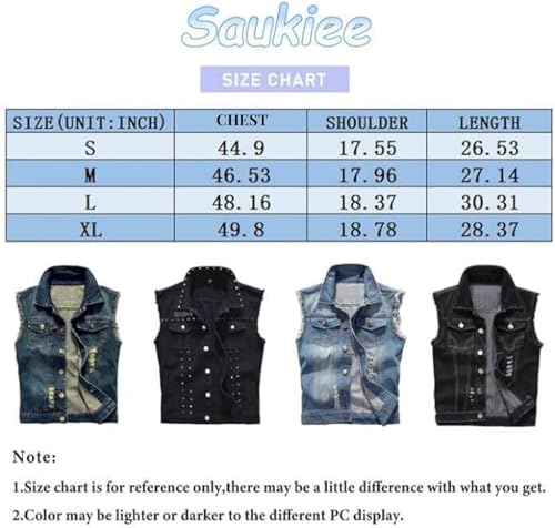 Saukiee Men's Casual Lapel Denim Vest Jacket Vintage Slim Fit Sleeveless Ripped Jeans Vests