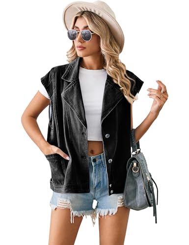 Acesulu Denim Vest Jacket for Women Vintage Lapel Sleeveless Button Down Jean Vest with Pockets 2024(0260-01BlackGray-M)