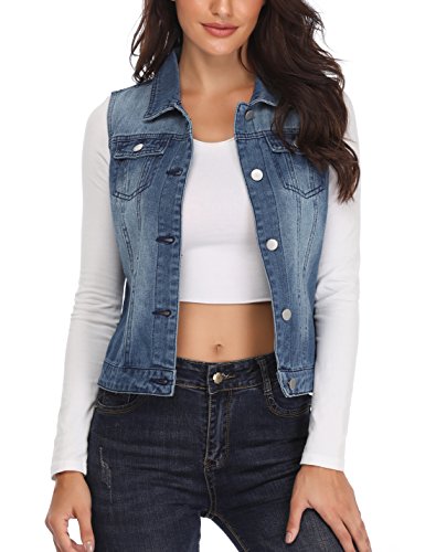 MISS MOLY Denim Vest for Women Sleeveless Button up Washed Cropped Jean Jacket Dark Blue Medium