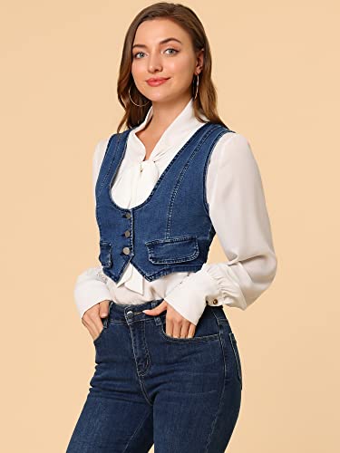 Allegra K Women's Denim Vest Vintage Button Up Sleeveless Crop Jean Vest Waistcoat X-Large Dark Blue