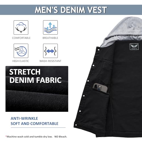 RongYue Men's Denim Vest Casual Button Stretchy Distressed Jean Sleeveless Jacket with Hood (Black,Large)