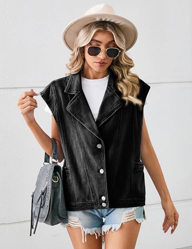Acesulu Denim Vest Jacket for Women Vintage Lapel Sleeveless Button Down Jean Vest with Pockets 2024(0260-01BlackGray-M)