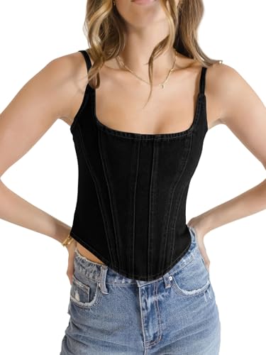 Imily Bela Womens Sleeveless Denim Vest Crop Tank Tops Spaghetti Straps Slim Fit Summer Cami Top, Black, Small