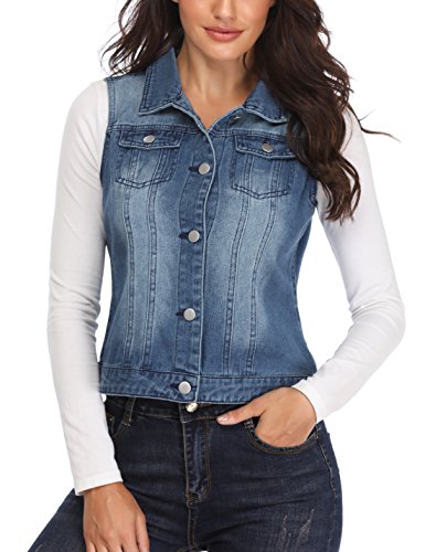 MISS MOLY Denim Vest for Women Sleeveless Button up Washed Cropped Jean Jacket Dark Blue Medium