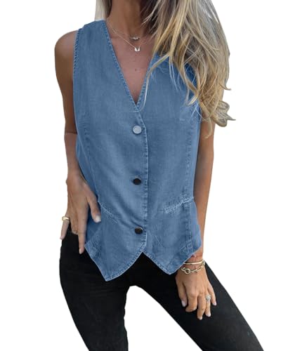 Imily Bela Womens Denim Vest V Neck Button Down Sleeveless Jean Jacket Casual Waistcoat Vest
