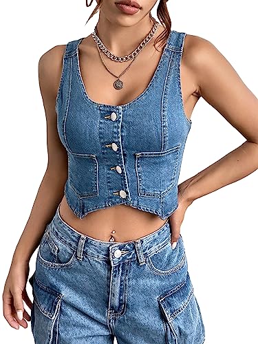 Verdusa Women's Sleeveless Scoop Neck Button Front Pocket Crop Wash Denim Waistcoat Vest Jacket Medium Wash XS