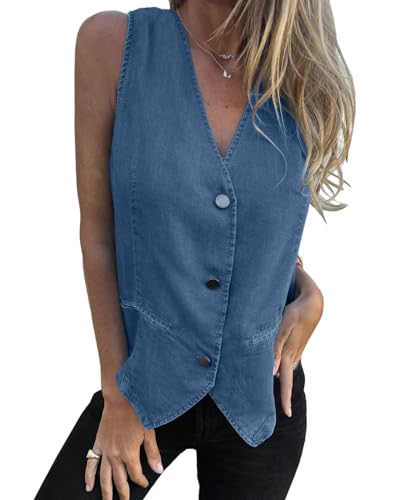 Imily Bela Womens Denim Vest V Neck Button Down Sleeveless Jean Jacket Casual Waistcoat Vest
