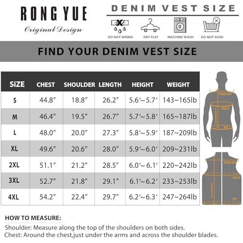 RongYue Men's Denim Vest Casual Button Stretchy Distressed Jean Sleeveless Jacket with Hood (Black,Large)