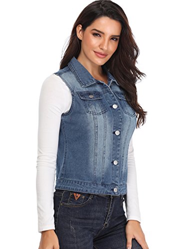 MISS MOLY Denim Vest for Women Sleeveless Button up Washed Cropped Jean Jacket Dark Blue Medium