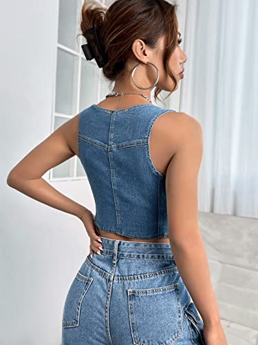 Verdusa Women's Sleeveless Scoop Neck Button Front Pocket Crop Wash Denim Waistcoat Vest Jacket Medium Wash XS