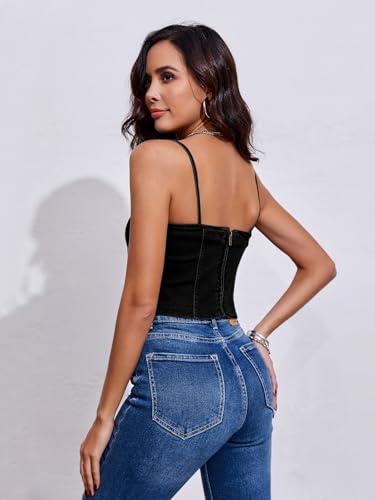 Imily Bela Womens Sleeveless Denim Vest Crop Tank Tops Spaghetti Straps Slim Fit Summer Cami Top, Black, Small
