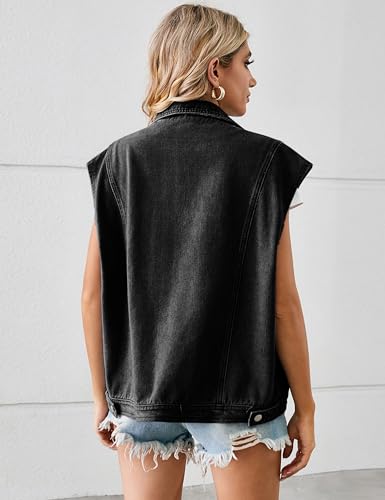 Acesulu Denim Vest Jacket for Women Vintage Lapel Sleeveless Button Down Jean Vest with Pockets 2024(0260-01BlackGray-M)