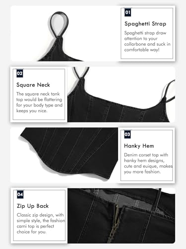 Imily Bela Womens Sleeveless Denim Vest Crop Tank Tops Spaghetti Straps Slim Fit Summer Cami Top, Black, Small