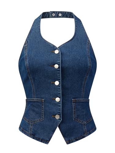 Allegra K Denim Vest for Women's Halter Neck Button Down Backless Jean Waistcoat X-Small Dark Blue