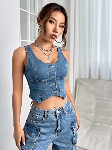 Verdusa Women's Sleeveless Scoop Neck Button Front Pocket Crop Wash Denim Waistcoat Vest Jacket Medium Wash XS
