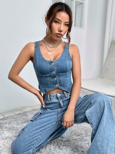 Verdusa Women's Sleeveless Scoop Neck Button Front Pocket Crop Wash Denim Waistcoat Vest Jacket Medium Wash XS
