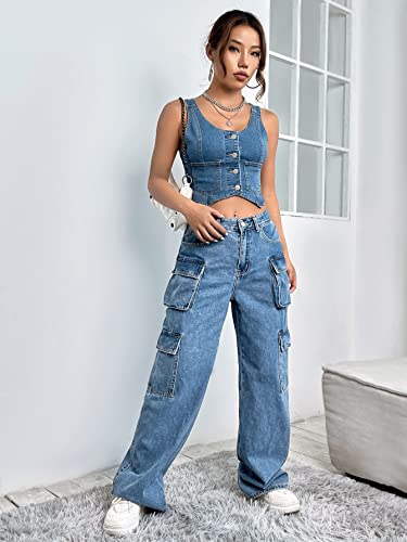 Verdusa Women's Sleeveless Scoop Neck Button Front Pocket Crop Wash Denim Waistcoat Vest Jacket Medium Wash XS