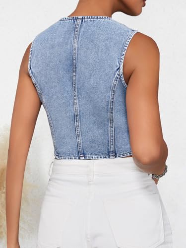 SHENHE Women's Button Down Denim Vest V Neck Cropped Jean Vest Top Y2K Sleeveless Jean Jacket Blue Medium