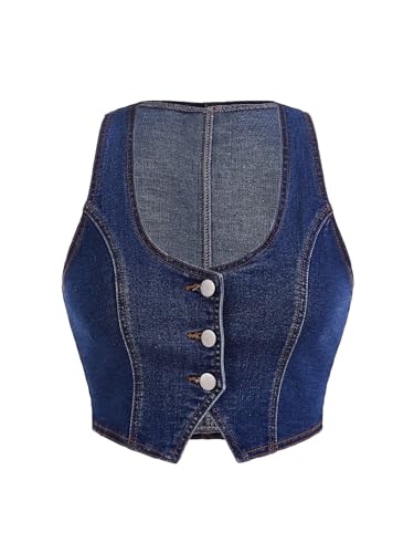 Verdusa Women's Button Front Scoop Neck Sleeveless Crop Denim Vest Jean Jacket Dark Wash Medium
